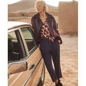 Anthropologie Faux Suede Shearling Crop Aviator Jacket M Burgundy Bomber Moto